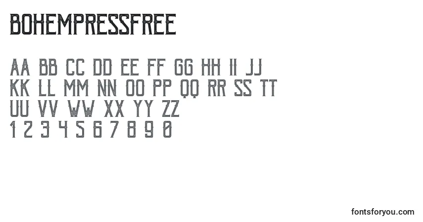 A fonte BohemPressFree – alfabeto, números, caracteres especiais