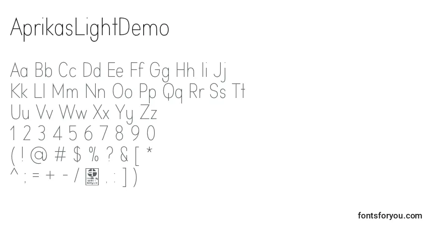 Шрифт AprikasLightDemo – алфавит, цифры, специальные символы