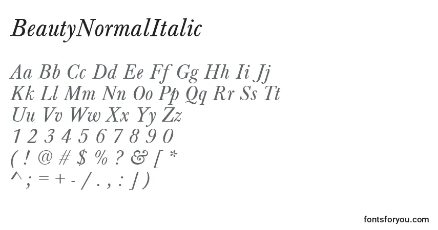 Schriftart BeautyNormalItalic – Alphabet, Zahlen, spezielle Symbole
