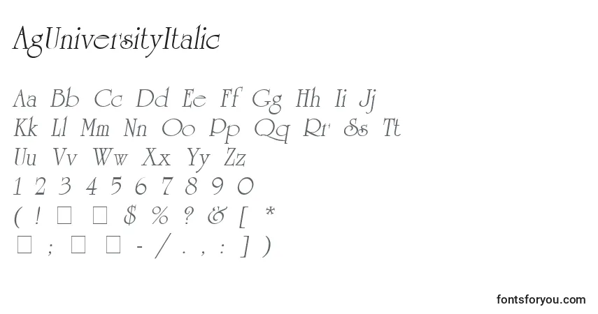 A fonte AgUniversityItalic – alfabeto, números, caracteres especiais