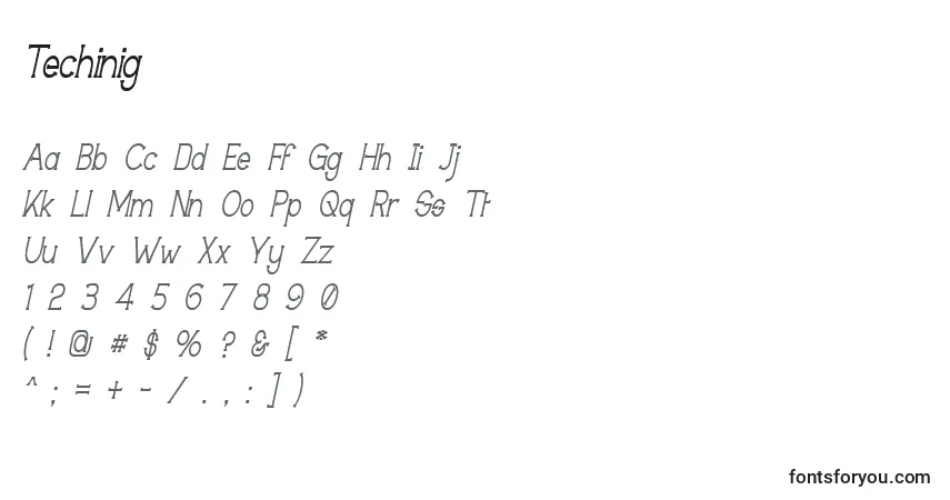 A fonte Techinig – alfabeto, números, caracteres especiais
