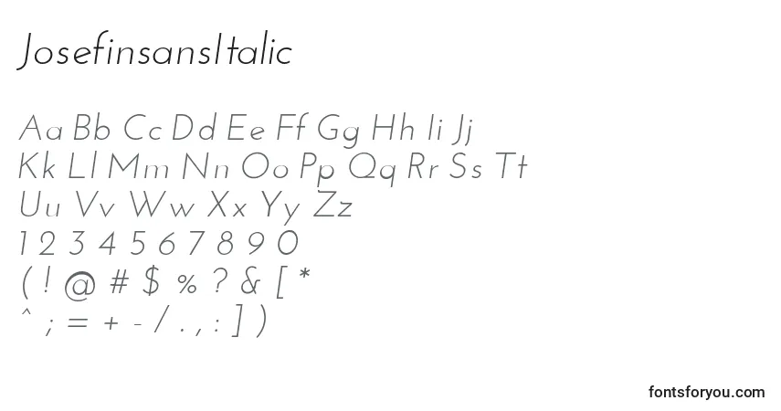 A fonte JosefinsansItalic – alfabeto, números, caracteres especiais