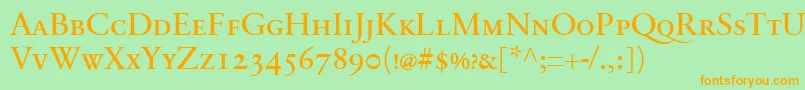 フォントSabonnextLtRegularSmallCaps – オレンジの文字が緑の背景にあります。