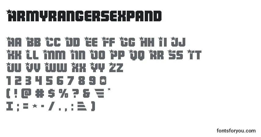 Czcionka Armyrangersexpand – alfabet, cyfry, specjalne znaki