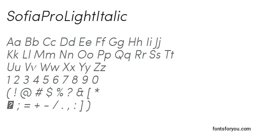 A fonte SofiaProLightItalic – alfabeto, números, caracteres especiais