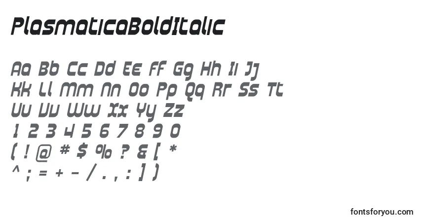 A fonte PlasmaticaBoldItalic – alfabeto, números, caracteres especiais