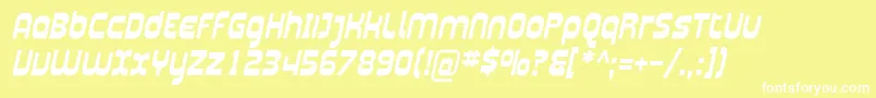 PlasmaticaBoldItalic-Schriftart – Weiße Schriften auf gelbem Hintergrund