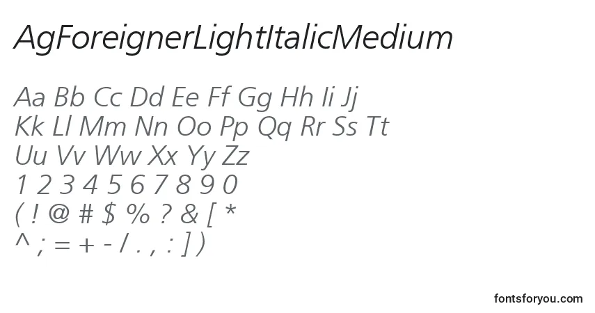Czcionka AgForeignerLightItalicMedium – alfabet, cyfry, specjalne znaki
