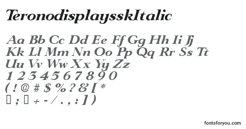 Czcionka TeronodisplaysskItalic – alfabet, cyfry, specjalne znaki