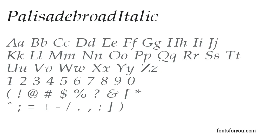 Czcionka PalisadebroadItalic – alfabet, cyfry, specjalne znaki