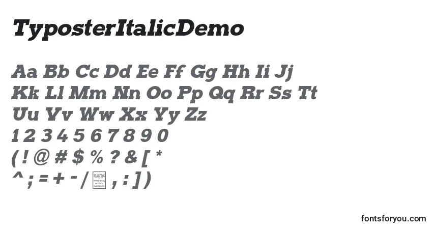 Шрифт TyposterItalicDemo – алфавит, цифры, специальные символы
