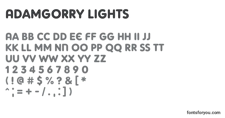 Czcionka Adamgorry Lights – alfabet, cyfry, specjalne znaki