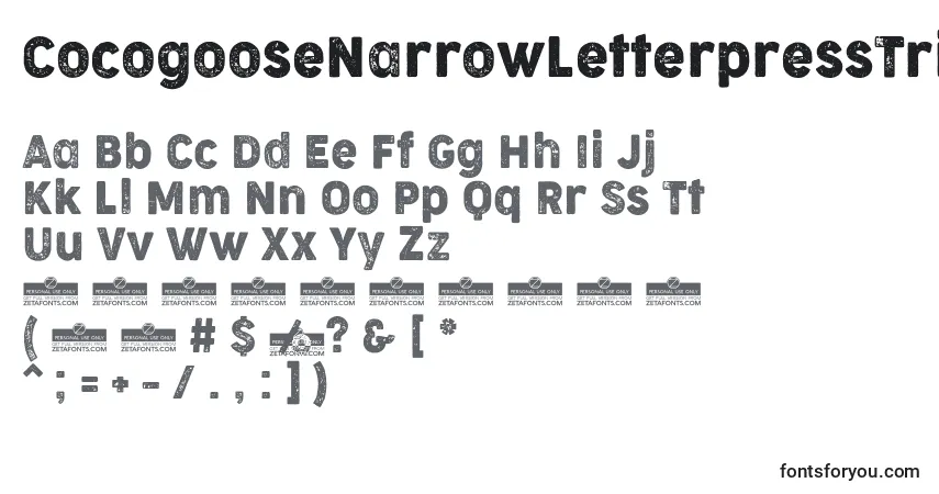 CocogooseNarrowLetterpressTrial-fontti – aakkoset, numerot, erikoismerkit