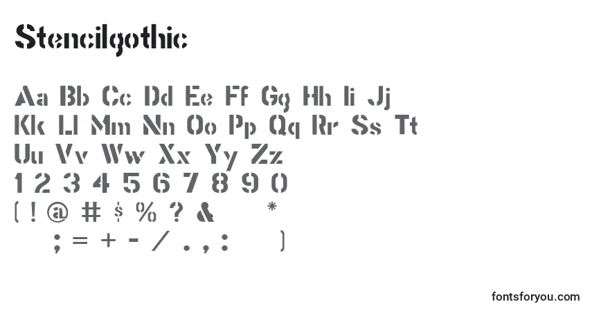 Schriftart Stencilgothic – Alphabet, Zahlen, spezielle Symbole