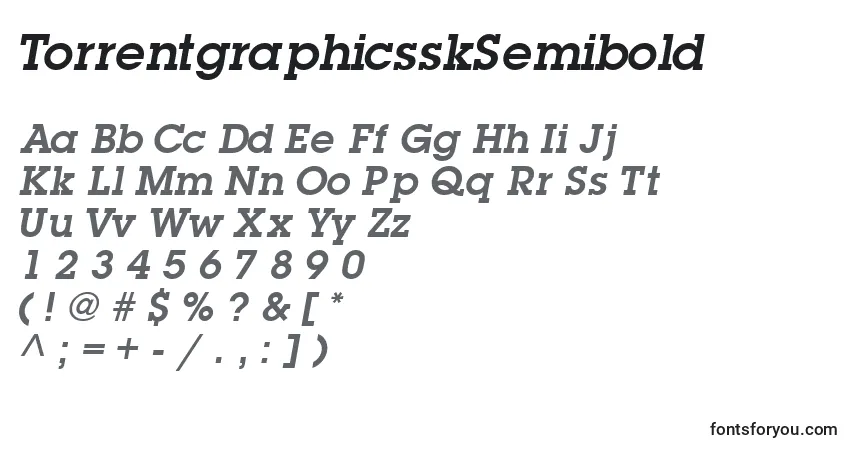 A fonte TorrentgraphicsskSemibold – alfabeto, números, caracteres especiais