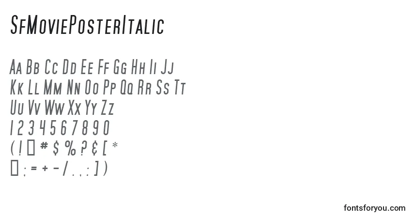 Шрифт SfMoviePosterItalic – алфавит, цифры, специальные символы
