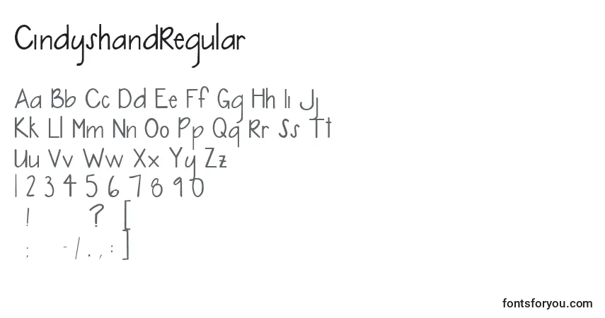 Czcionka CindyshandRegular – alfabet, cyfry, specjalne znaki