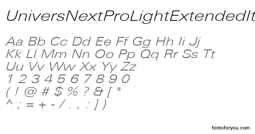 Czcionka UniversNextProLightExtendedItalic – alfabet, cyfry, specjalne znaki