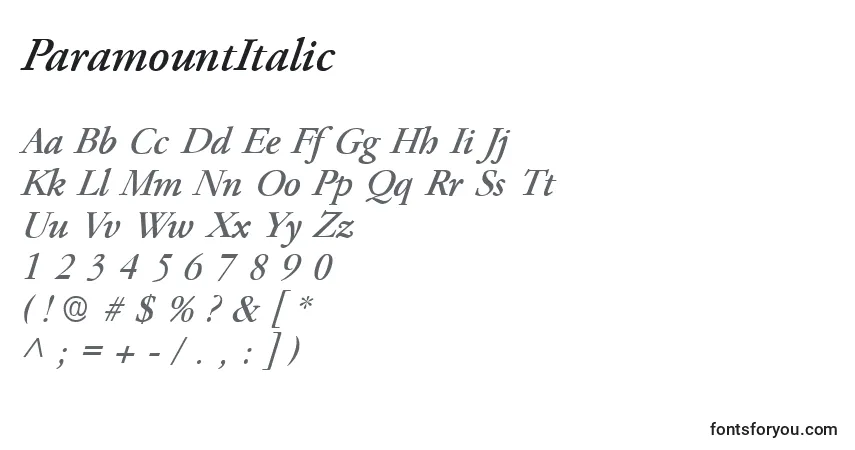 A fonte ParamountItalic – alfabeto, números, caracteres especiais