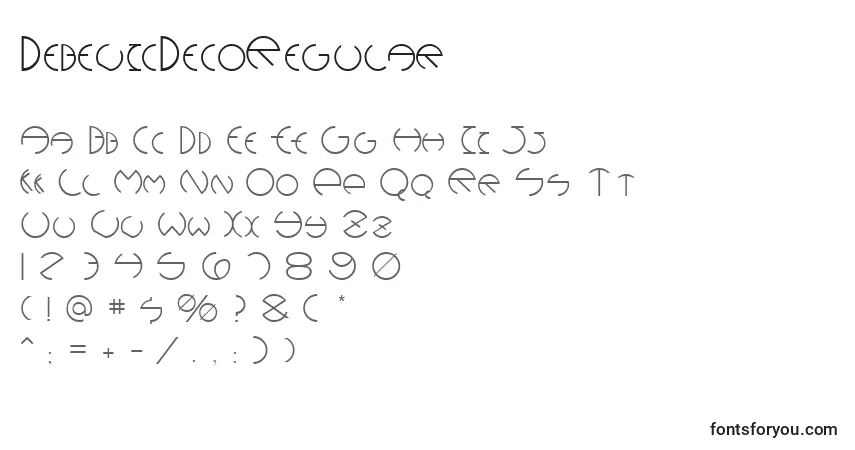 Czcionka DebevicDecoRegular – alfabet, cyfry, specjalne znaki