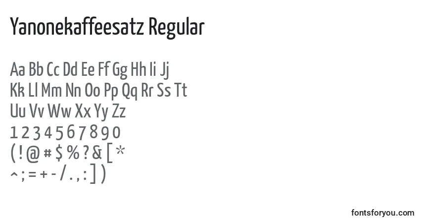 Czcionka Yanonekaffeesatz Regular – alfabet, cyfry, specjalne znaki