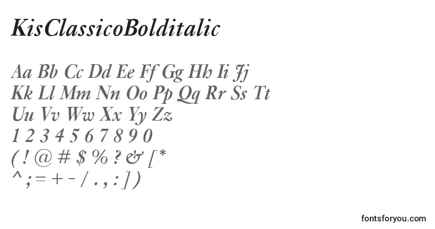A fonte KisClassicoBolditalic – alfabeto, números, caracteres especiais