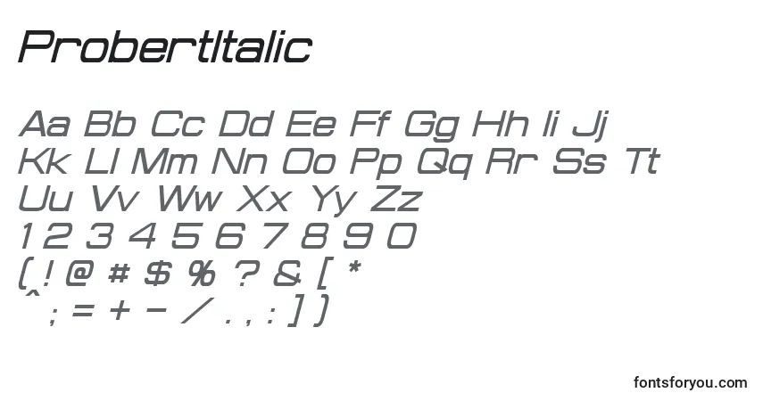 Schriftart ProbertItalic – Alphabet, Zahlen, spezielle Symbole