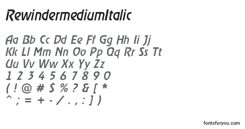 Шрифт RewindermediumItalic – алфавит, цифры, специальные символы