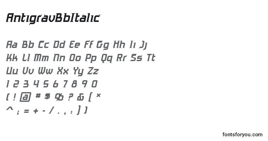 Czcionka AntigravBbItalic – alfabet, cyfry, specjalne znaki