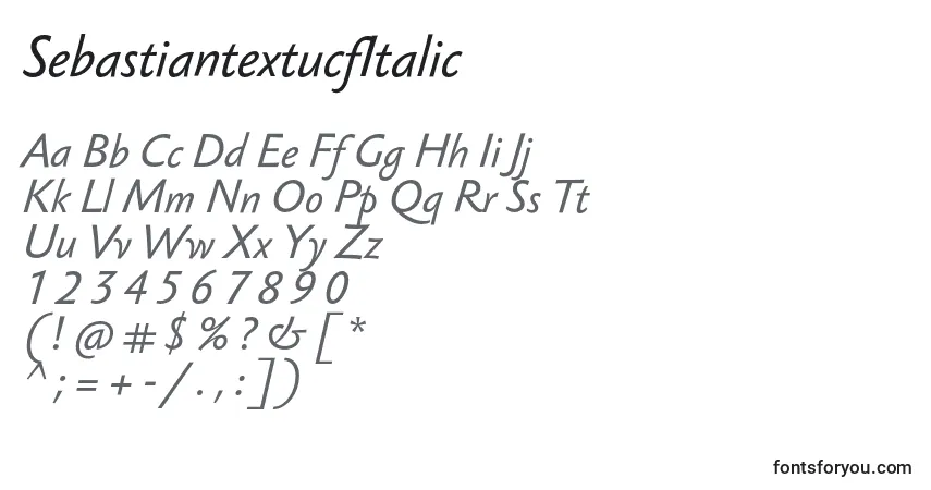 Шрифт SebastiantextucfItalic – алфавит, цифры, специальные символы