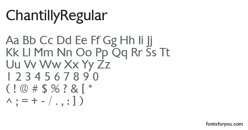 Czcionka ChantillyRegular – alfabet, cyfry, specjalne znaki