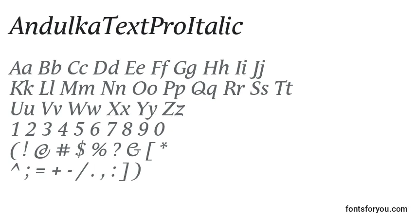 AndulkaTextProItalic font – alphabet, numbers, special characters