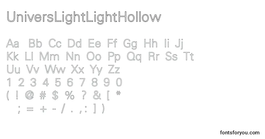 A fonte UniversLightLightHollow – alfabeto, números, caracteres especiais