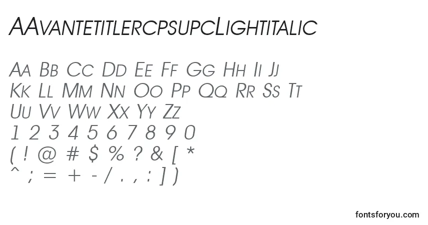 Czcionka AAvantetitlercpsupcLightitalic – alfabet, cyfry, specjalne znaki