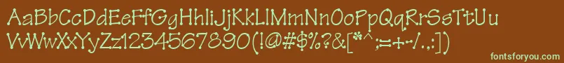 フォントThreadfun – 緑色の文字が茶色の背景にあります。