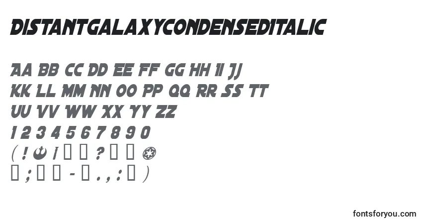 Шрифт DistantGalaxyCondensedItalic – алфавит, цифры, специальные символы