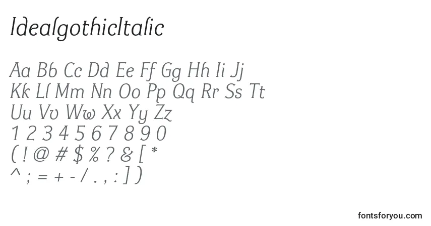 Czcionka IdealgothicItalic – alfabet, cyfry, specjalne znaki