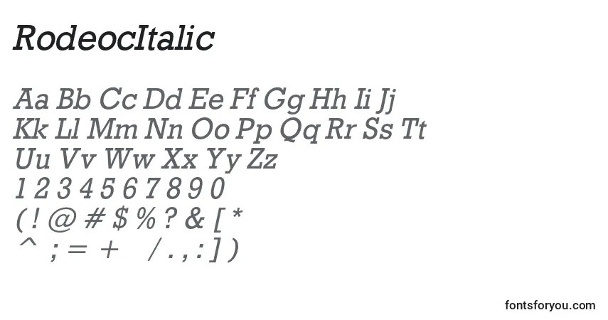Schriftart RodeocItalic – Alphabet, Zahlen, spezielle Symbole