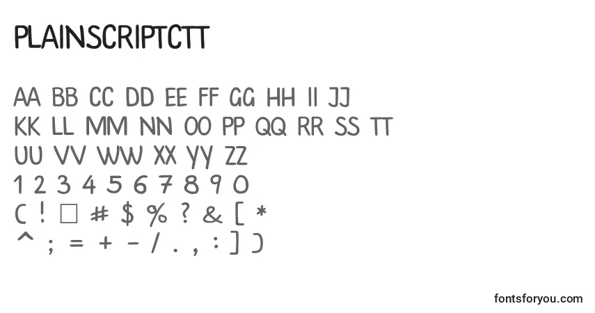 A fonte Plainscriptctt – alfabeto, números, caracteres especiais