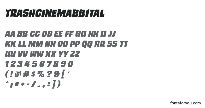 Шрифт TrashcinemabbItal – алфавит, цифры, специальные символы