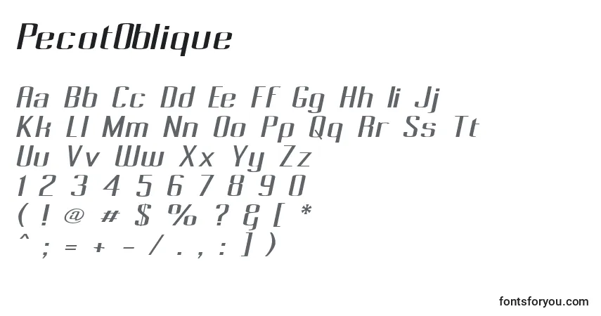 A fonte PecotOblique – alfabeto, números, caracteres especiais