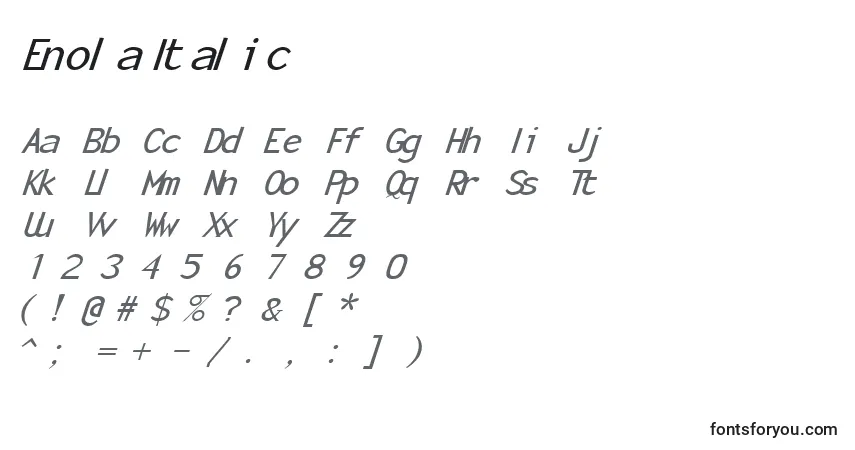 Schriftart EnolaItalic – Alphabet, Zahlen, spezielle Symbole