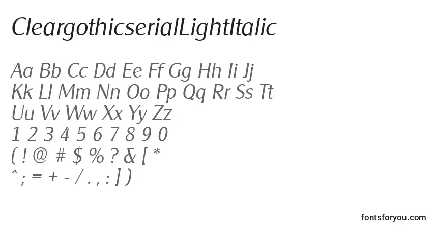 A fonte CleargothicserialLightItalic – alfabeto, números, caracteres especiais
