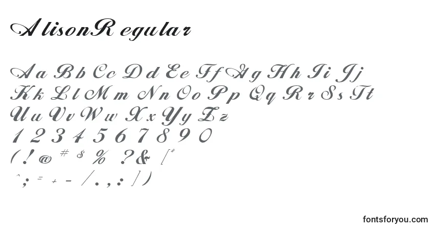 A fonte AlisonRegular – alfabeto, números, caracteres especiais