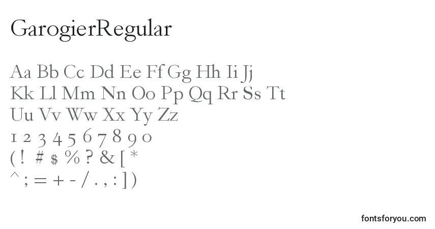 A fonte GarogierRegular – alfabeto, números, caracteres especiais