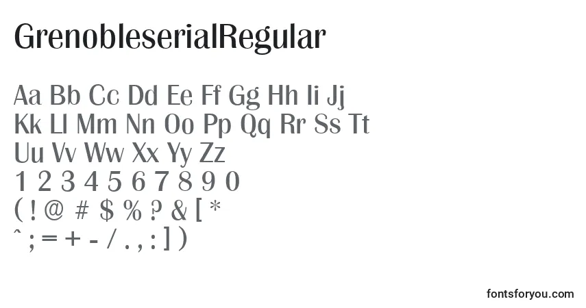 Czcionka GrenobleserialRegular – alfabet, cyfry, specjalne znaki