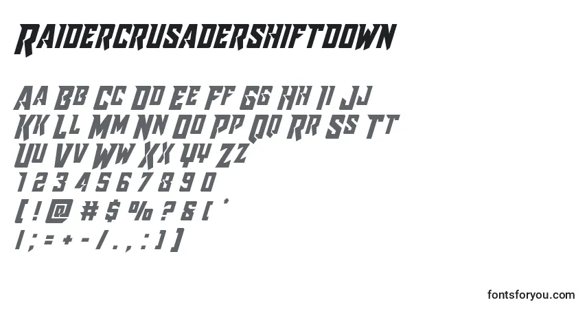 Czcionka Raidercrusadershiftdown – alfabet, cyfry, specjalne znaki