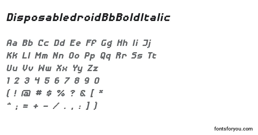Шрифт DisposabledroidBbBoldItalic – алфавит, цифры, специальные символы
