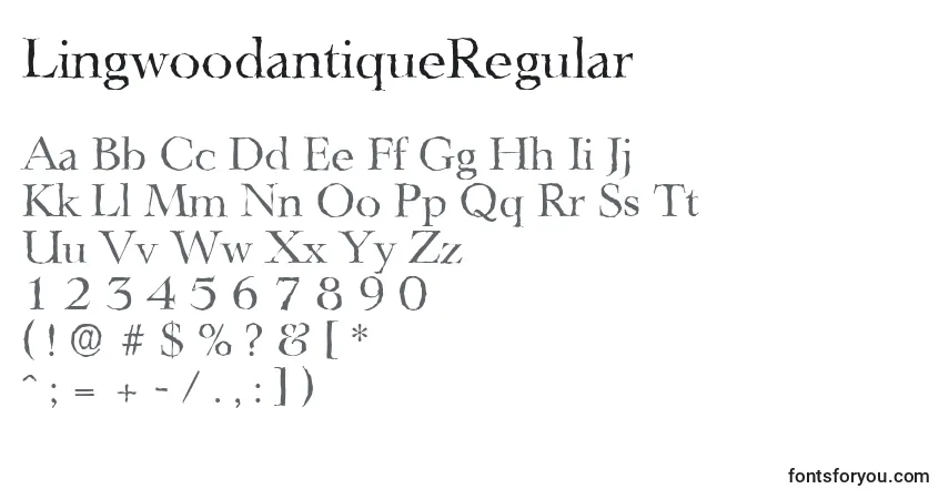 Czcionka LingwoodantiqueRegular – alfabet, cyfry, specjalne znaki