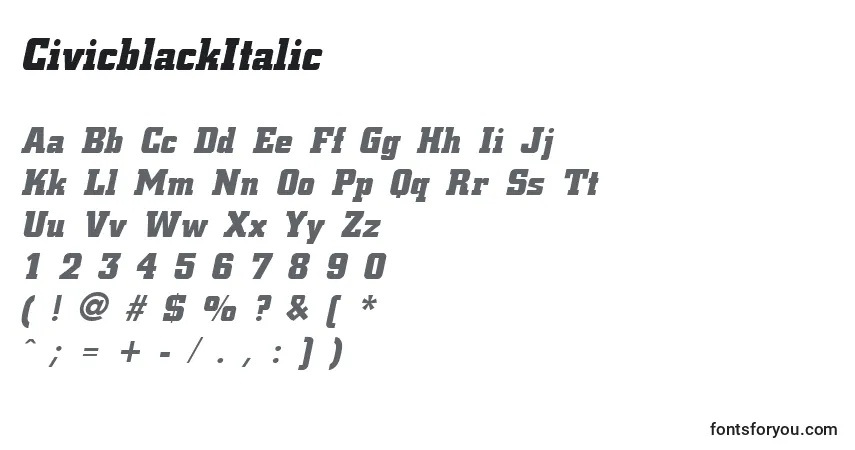 Czcionka CivicblackItalic – alfabet, cyfry, specjalne znaki